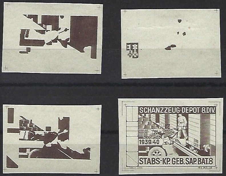 Schweiz Suisse Switzerland Soldatenmarken Eisenbahn Soldier Stamps Railway Stabs-Kp. Geb. Sap. Bat.8